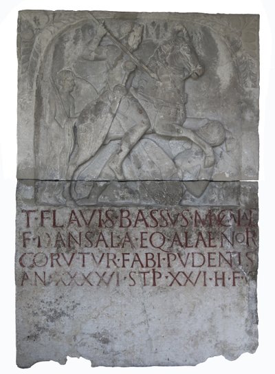 Tombstone of the Flavian-era eques alaris (ala cavalryman) Titus Flavius Bassus, son of Mucala. A Dansala by Roman